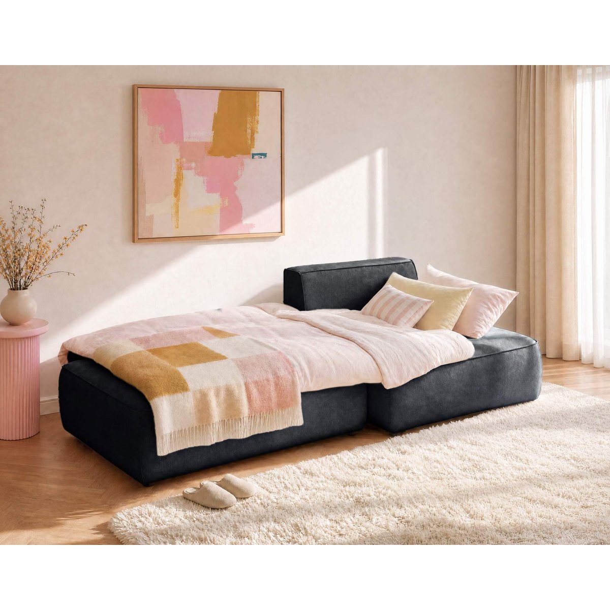 Canapé d'Angle Convertible en Velours 4 places - LISETTE noir, BEST MOBILIER
