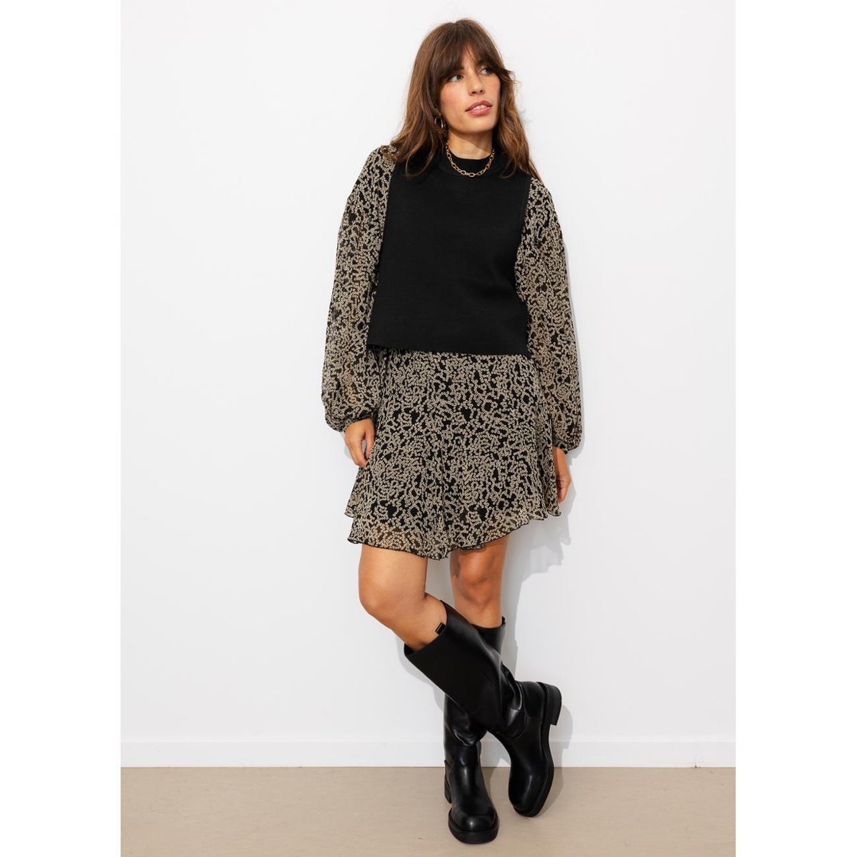 Robe courte effet 2 en 1 imprimé noir, PROMOD