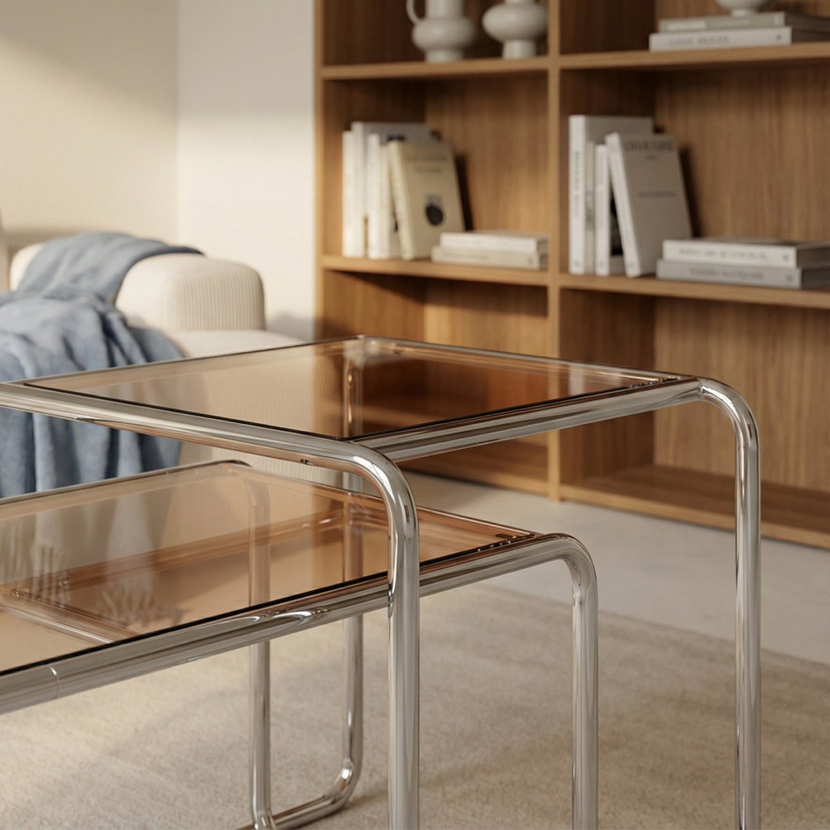 Table basse en verre pieds chrome- RIKA verre ambré, DRAWER