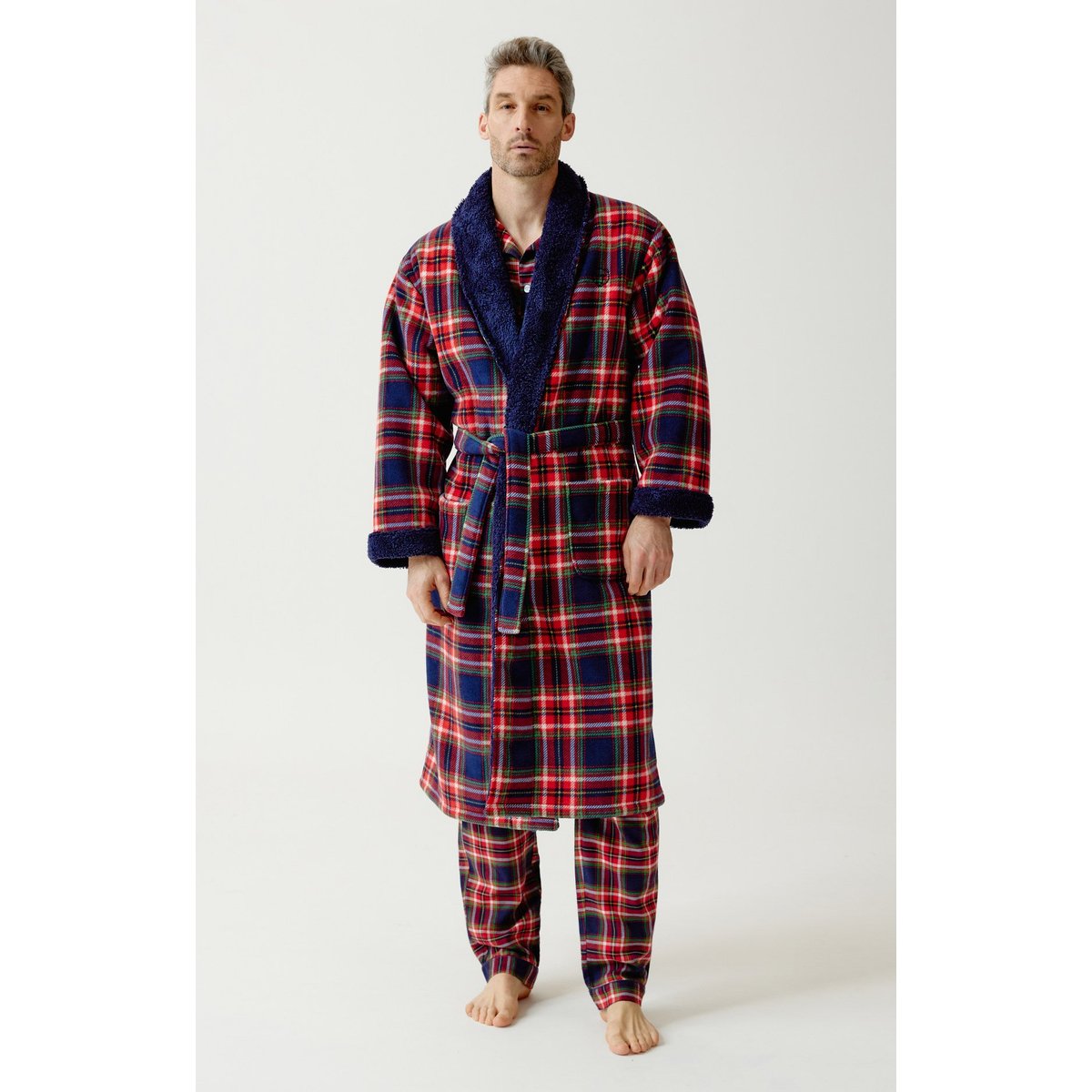 Robe de chambre en polaire à carreaux Léon rouge, ARTHUR