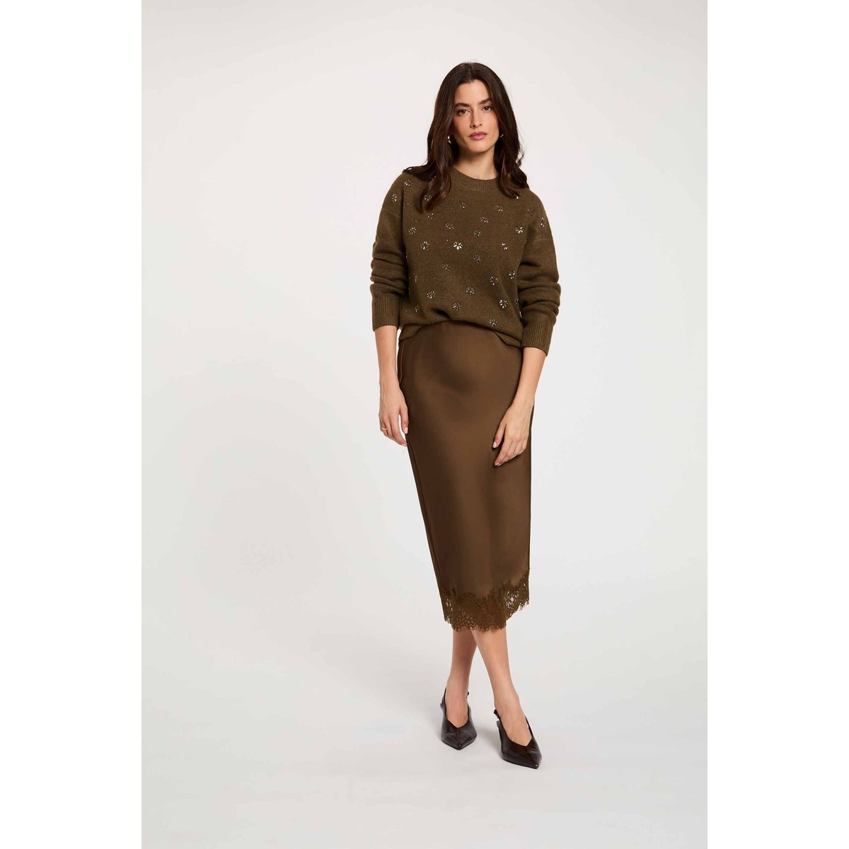 Jupe longue dentelle vert kaki, MORGAN