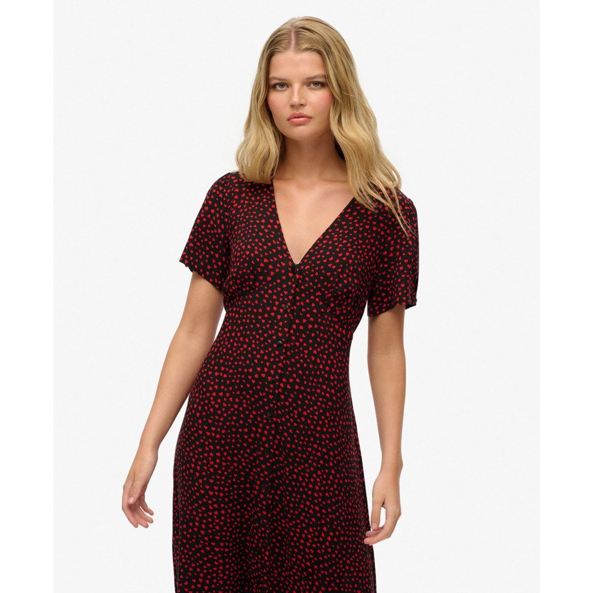 Robe mi-longue imprimée boutonnée à manches courtes cœurs rouges, SUPERDRY