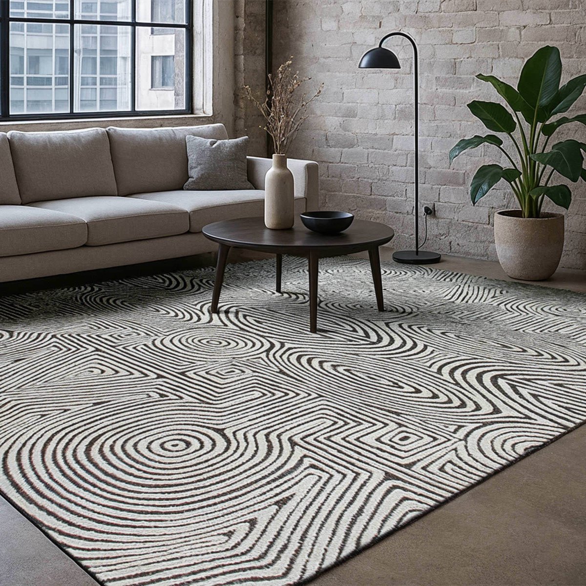 Tapis d'intérieur et extérieur, TABASCO beige ivoire à motifs noirs, RECOLLECTION