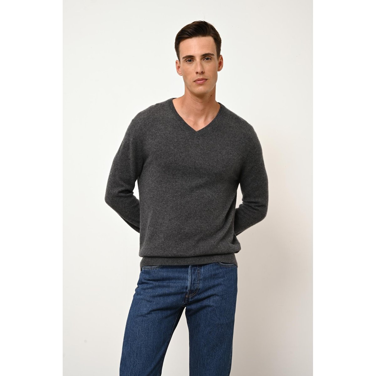 Pull Col V Anthracite Chiné Walt gris anthracite chiné, JUST CASHMERE