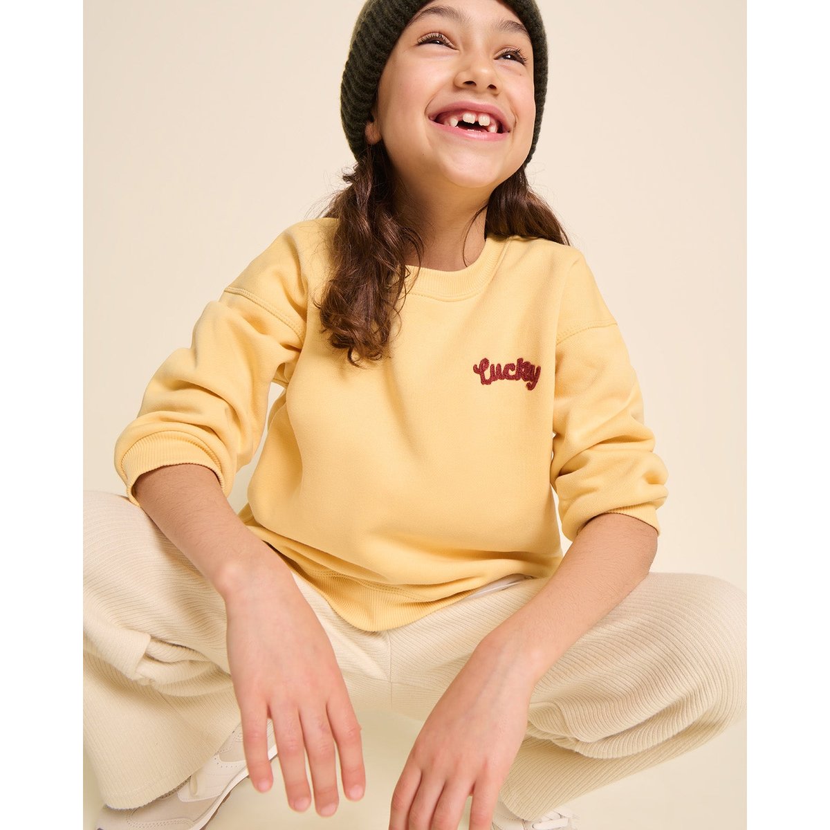 Sweat dos brodé en coton bio, LUCKY jaune - maïs, EMOI EMOI