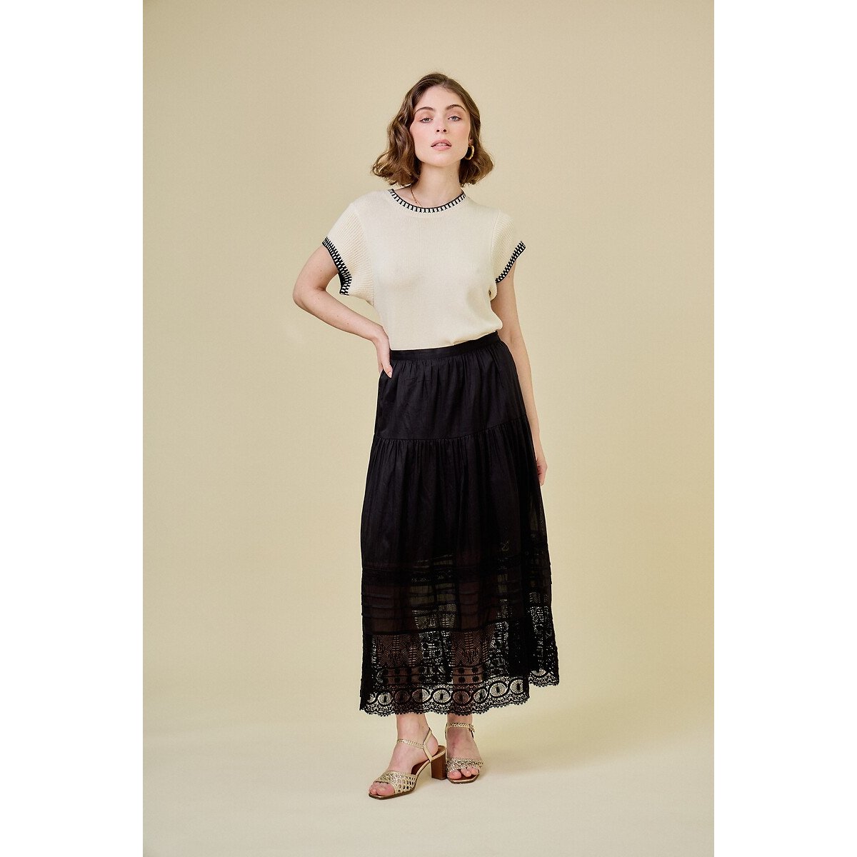 Embroidered Maxi Skirt black, SEE U SOON
