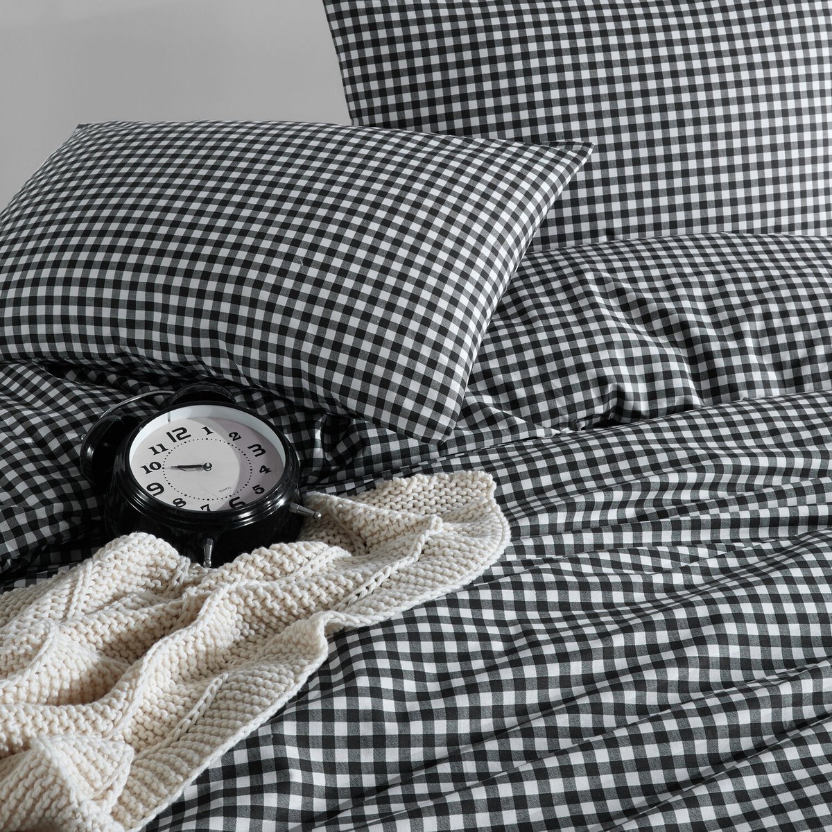 Parure Housse de couette 3 pcs 240x220 cm 100% coton 57 fils imprimé."Vichy noir " blanc / gris / noir, C DESIGN HOME TEXTILE
