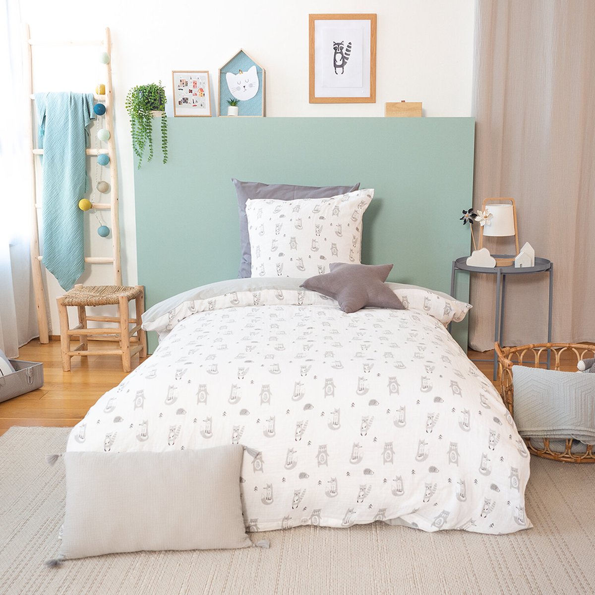 Parure de lit enfant + taie en gaze de coton, Foret gris, C DESIGN HOME TEXTILE