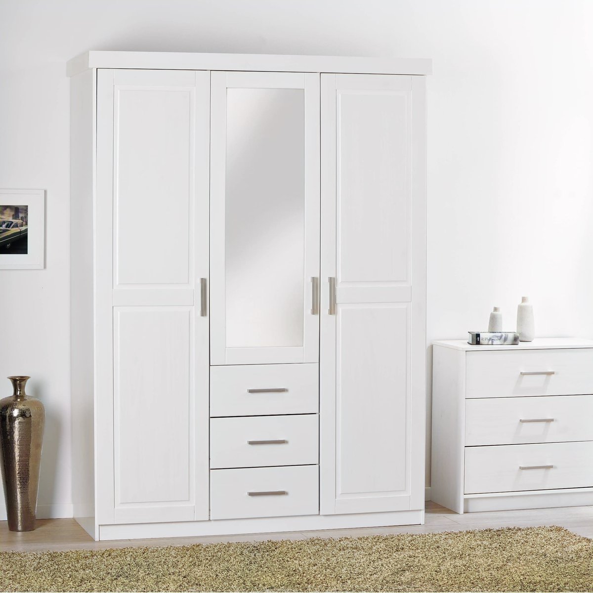 Armoire 3 portes 3 tiroirs avec miroir blanc, TERRE DE NUIT