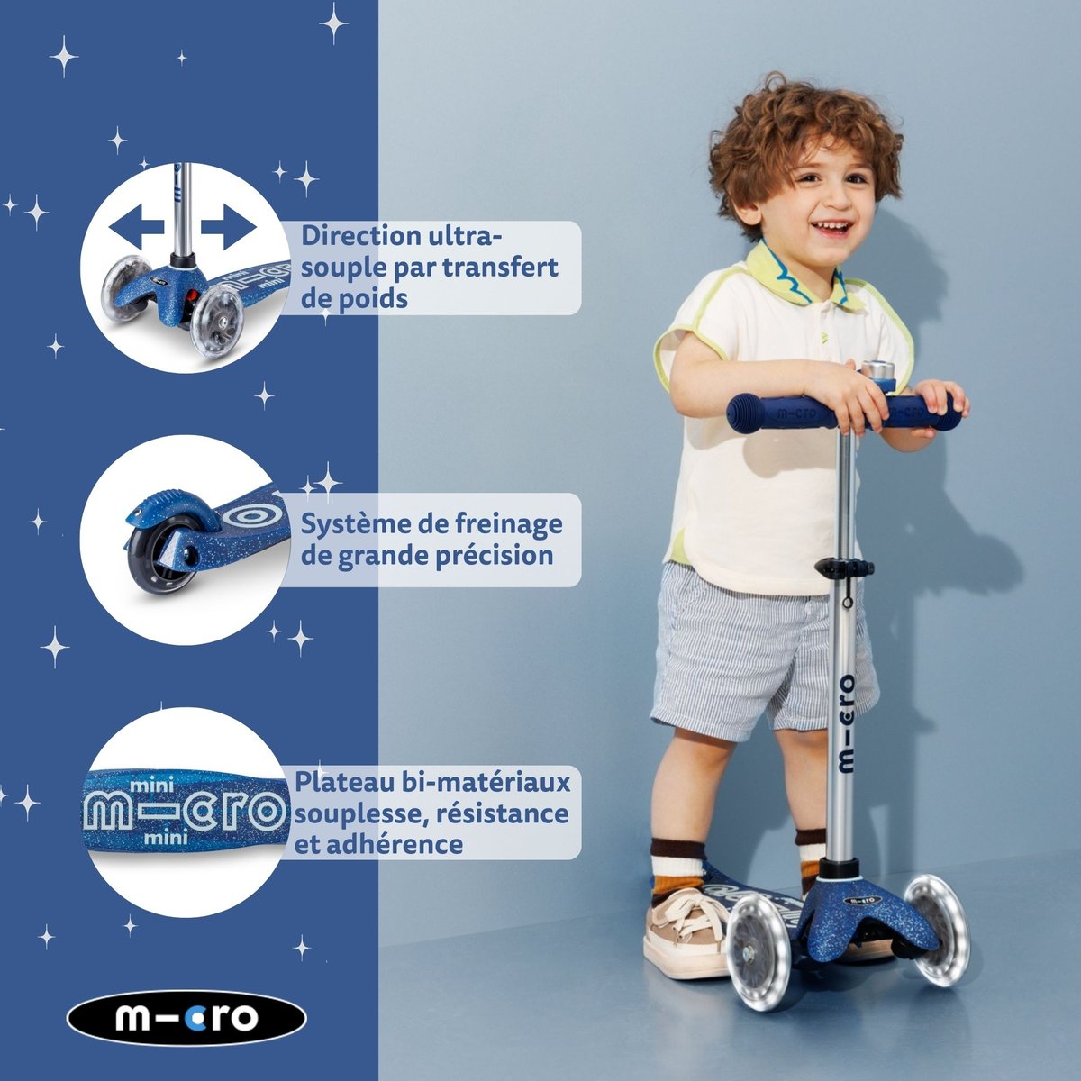 Mini Micro Deluxe Glitter LED - bleu, MICRO MOBILITY