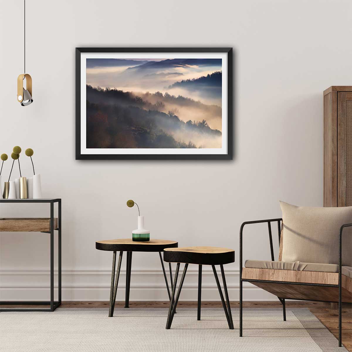 Affiche paysage brume magique affiche + cadre en bois - noir, HEXOA