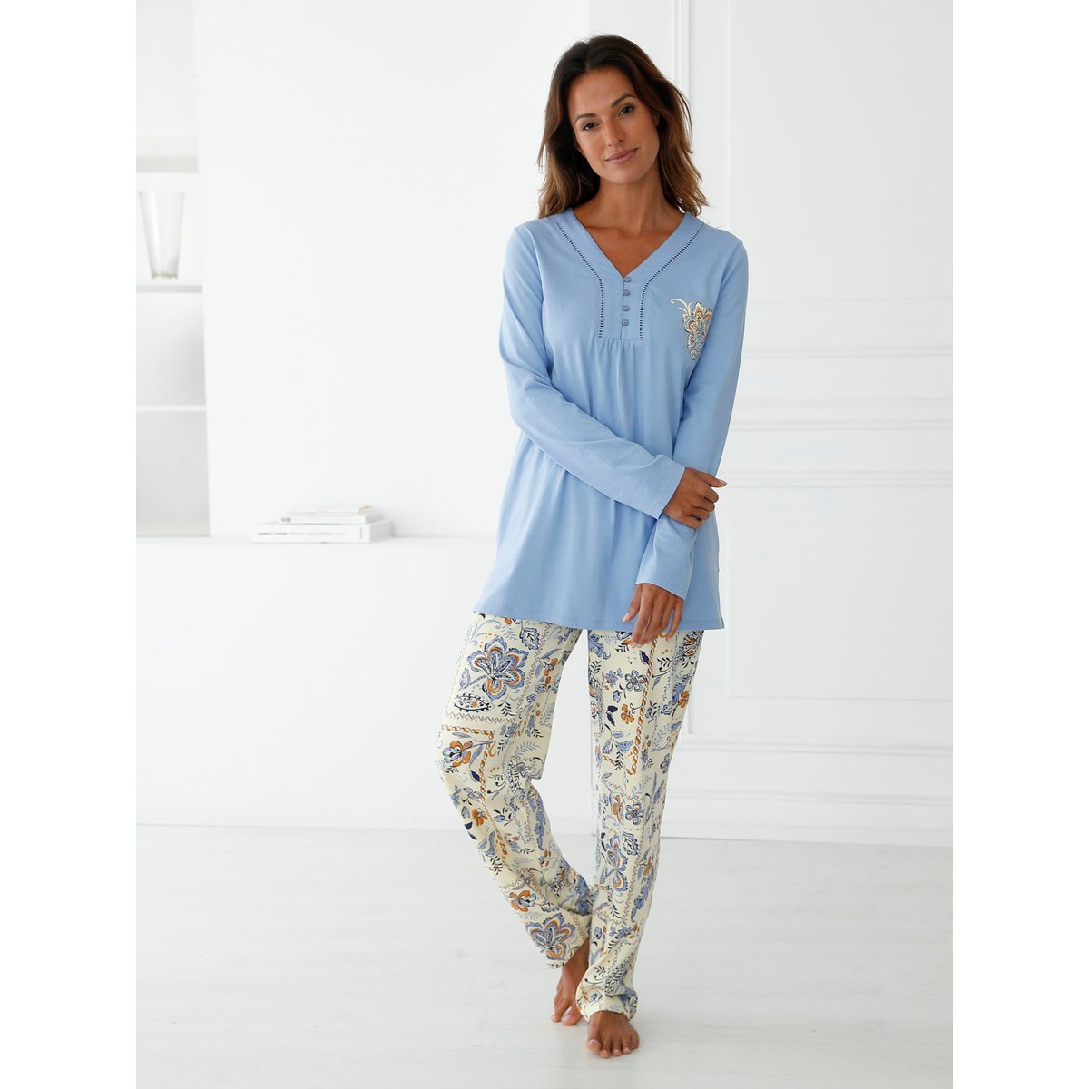 Pyjama femme maille pur coton imprimé bleu, DAXON
