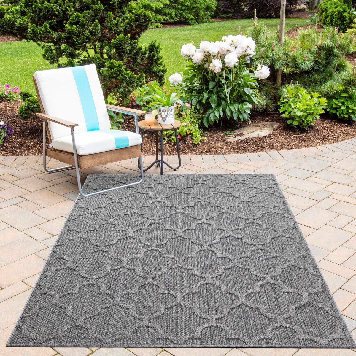 Tapis intérieur extérieur motif baroque PATARA gris, NAZAR RUGS