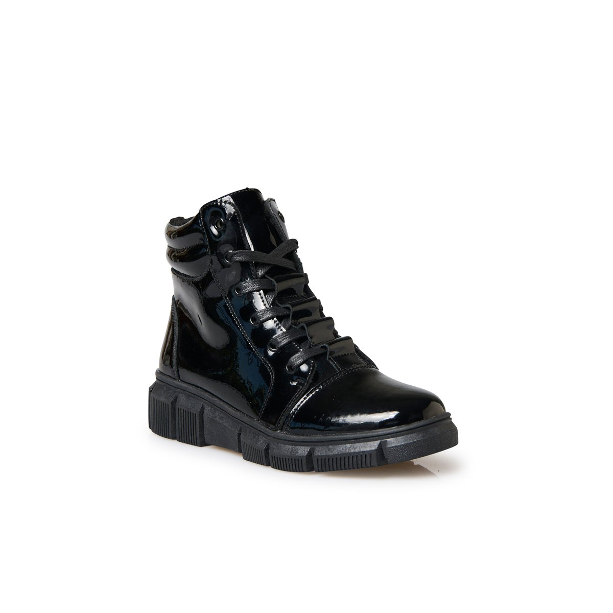 Boots fourrées fermées par zip et lacets vernis noir, PEDICONFORT