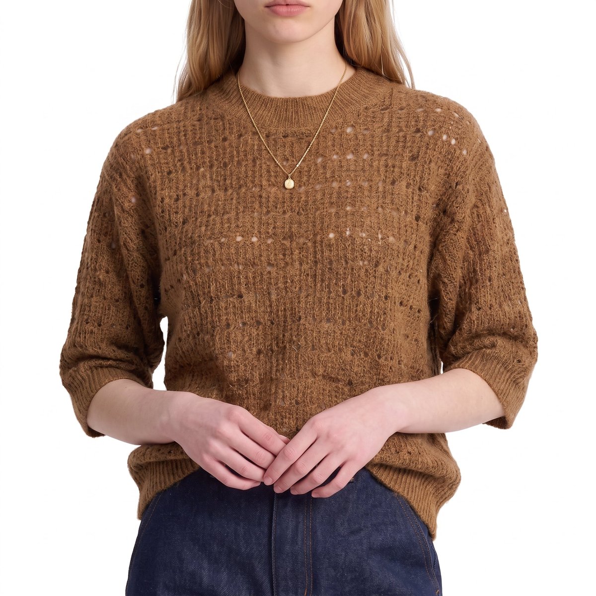 Pull manches ballon col rond maille ajourée FLELIS camel, ARTLOVE