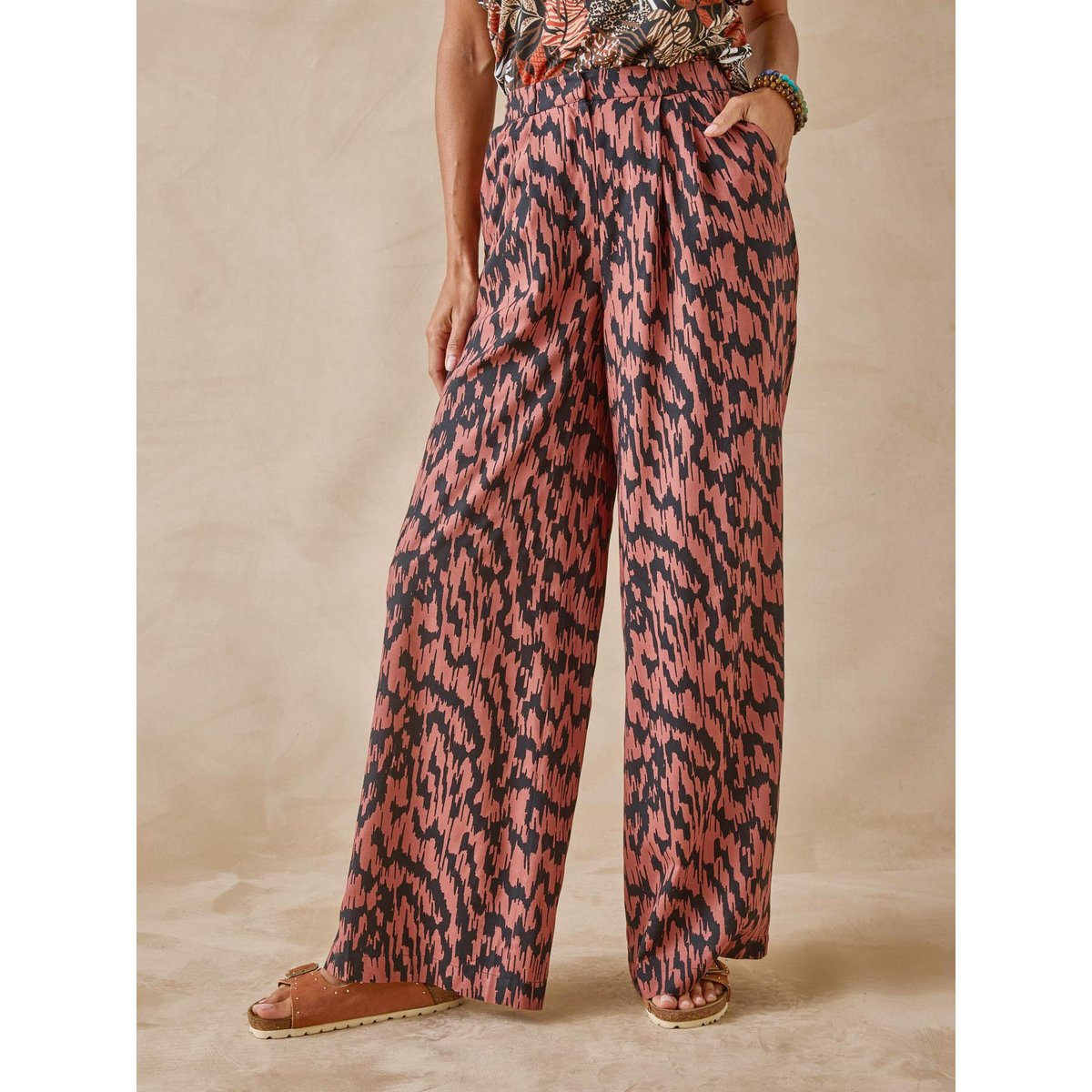 Pantalon fluide bas large imprimé marron, DAXON