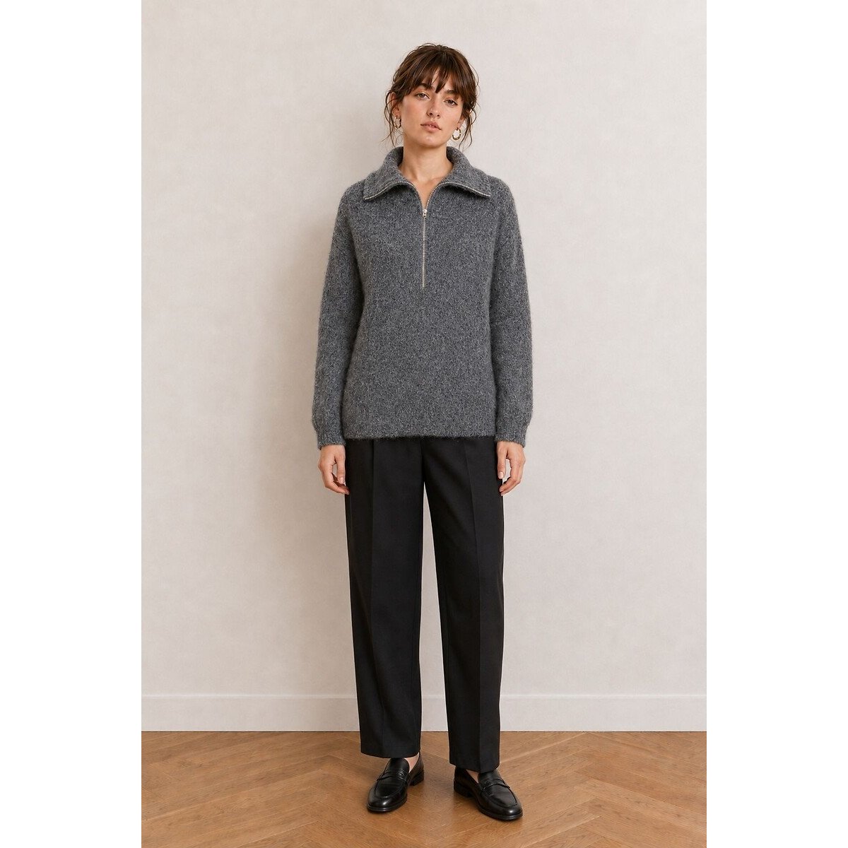 Pull en maille zippé gris, SEE U SOON