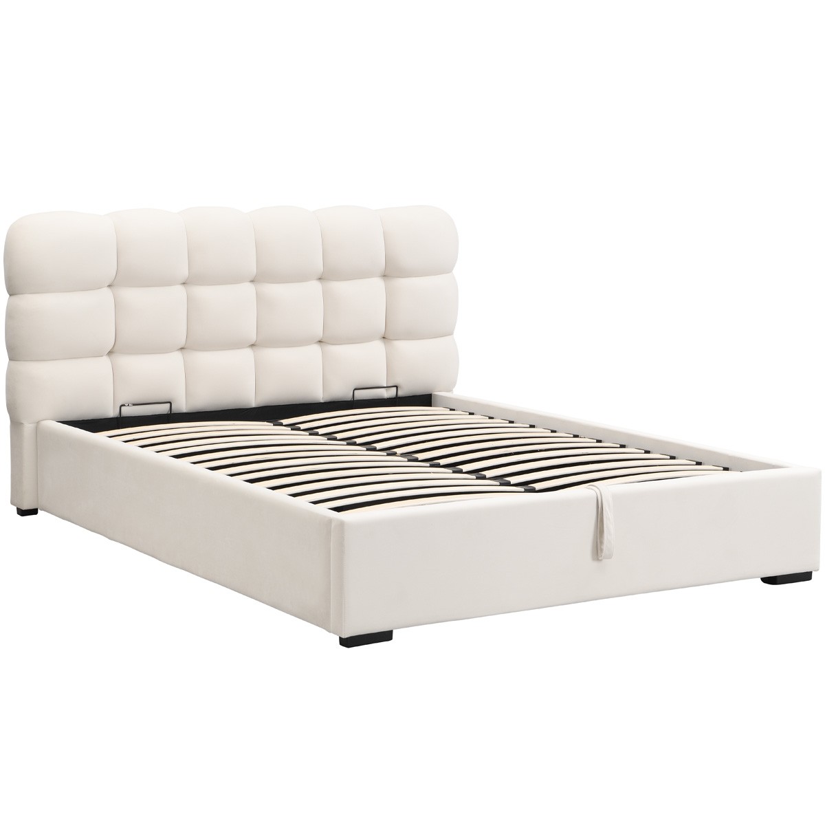 Lit coffre avec tête de lit en velours - LOLA beige, HOMIFAB