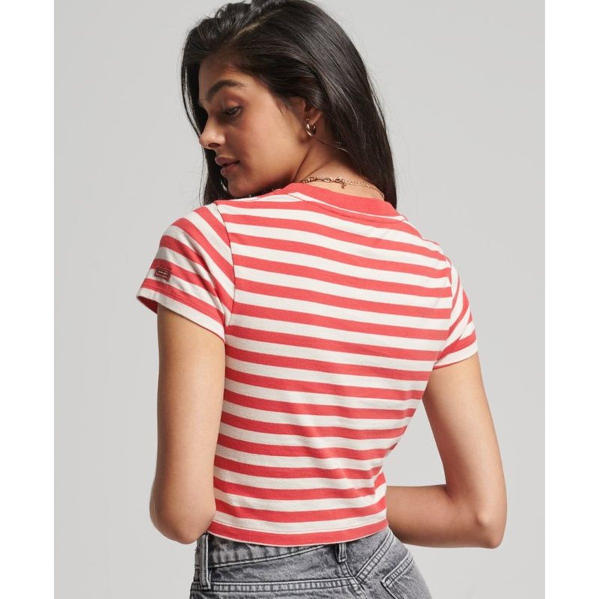 T-shirt court Vintage en coton bio rayures rouge pop soda et grège, SUPERDRY