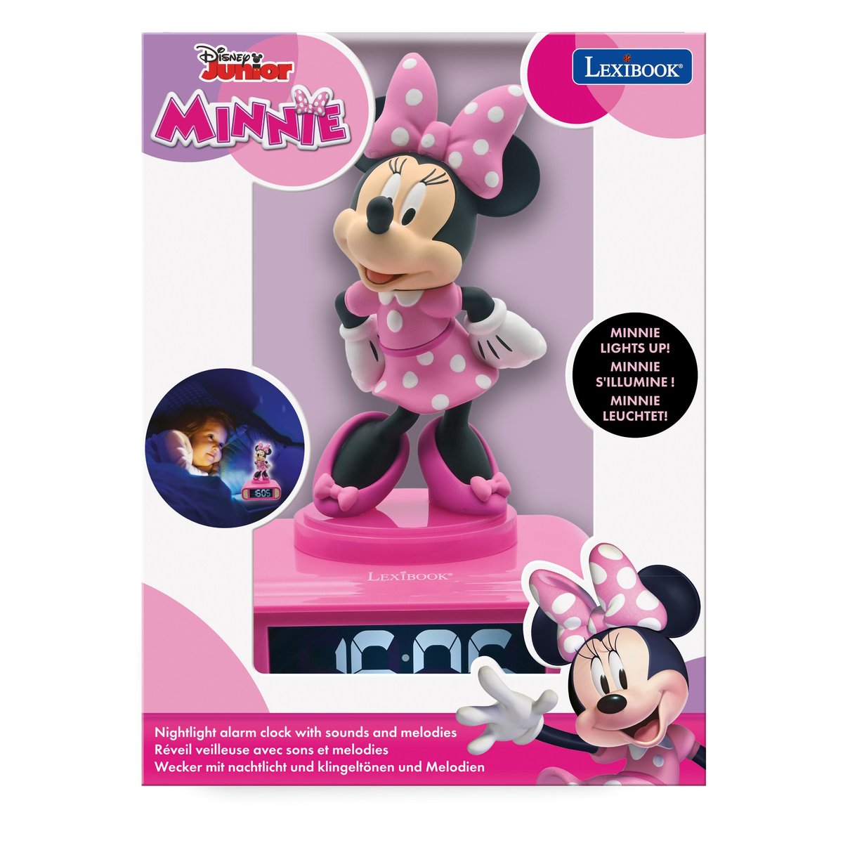 Réveil digital avec veilleuse lumineuse Minnie en 3D et effets sonores rose, LEXIBOOK