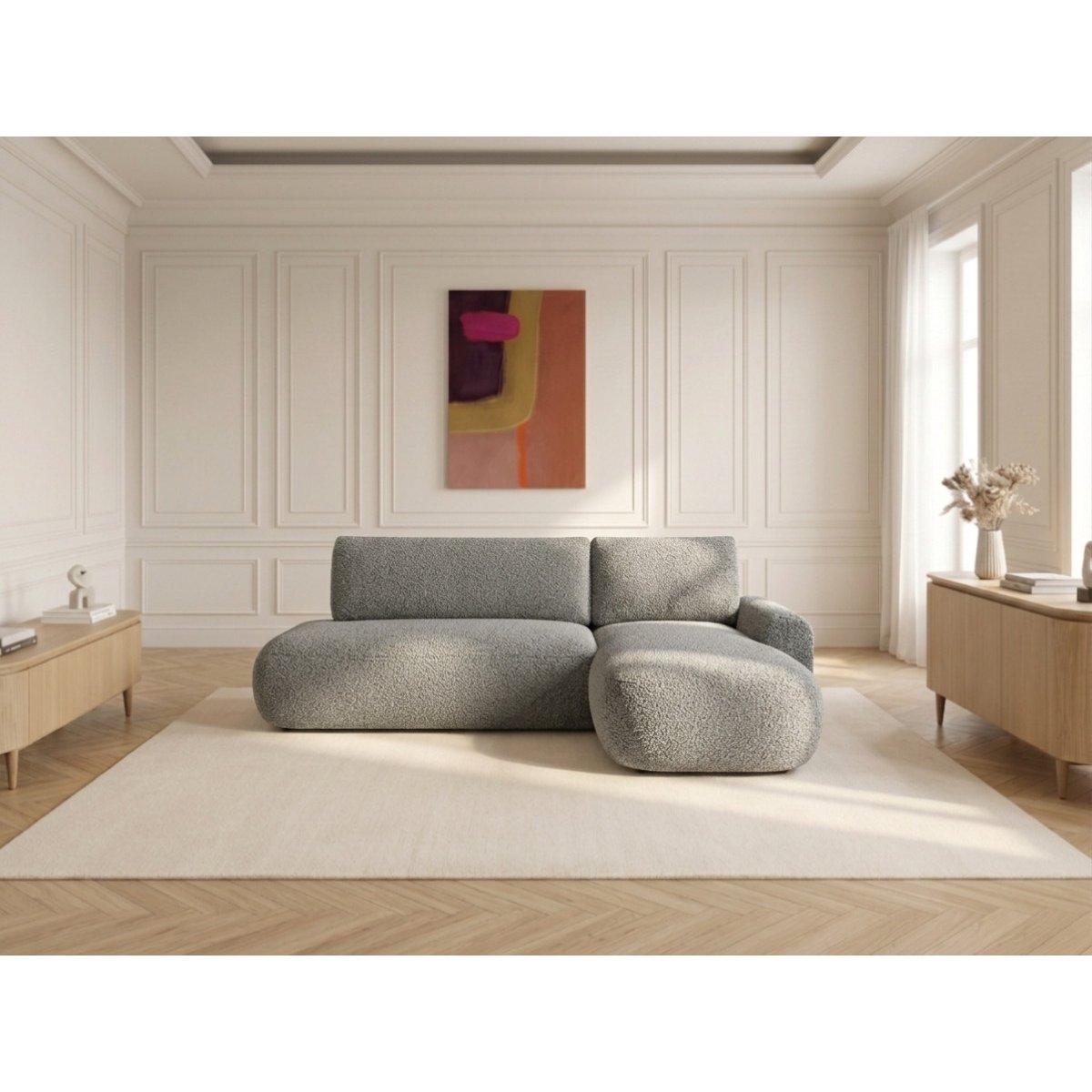 Canapé d'angle convertible 3 places en tissu bouclette, TANGO gris, BOBOCHIC