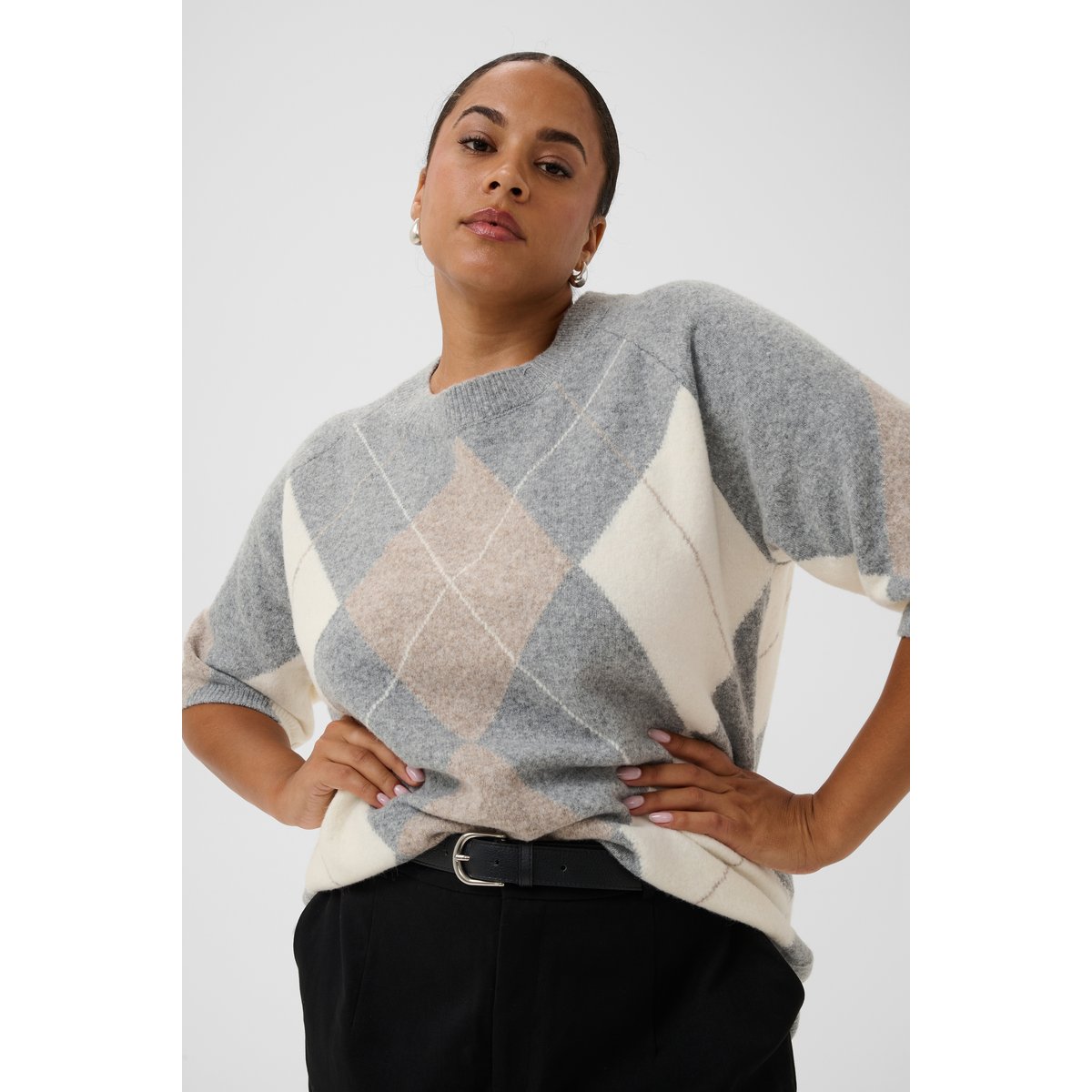 Pullover tricoté gris grey m./chalk/beige argyle, KAFFE CURVE