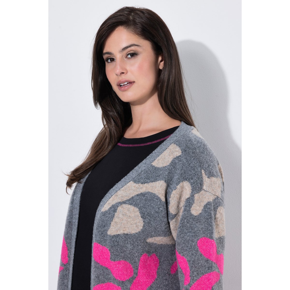 Cardigan long, motif léopard coloré gris chiné, ULLA POPKEN