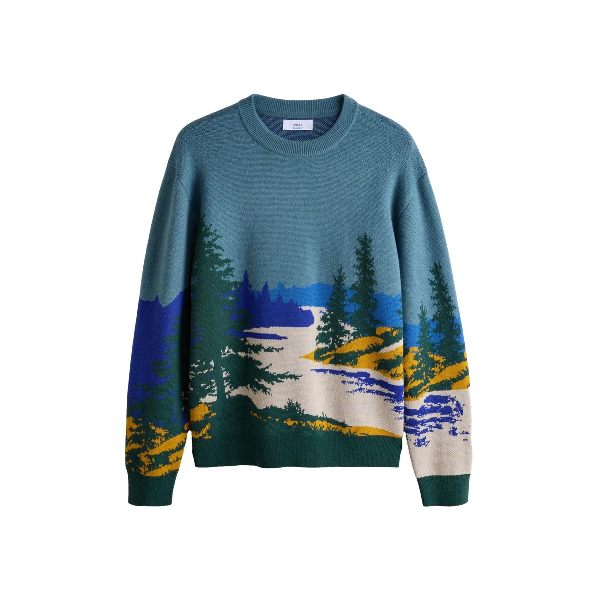 Pull ras du cou en maille à motif paysage bleu/vert, NEXT