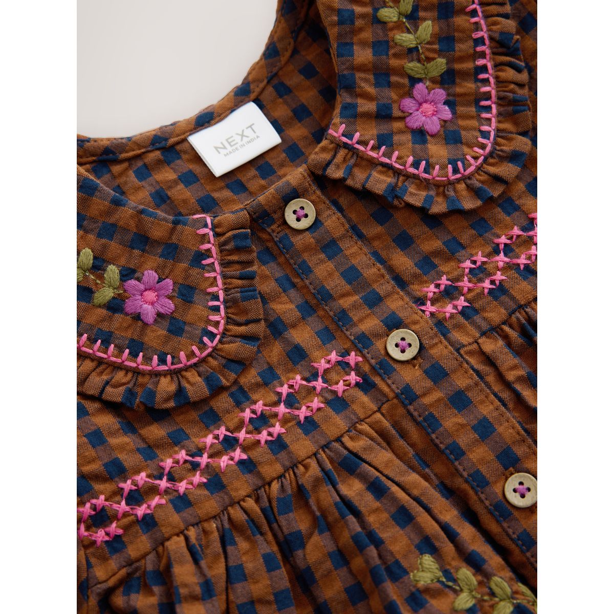 Robe avec col à carreaux brodé marron chocolat, NEXT