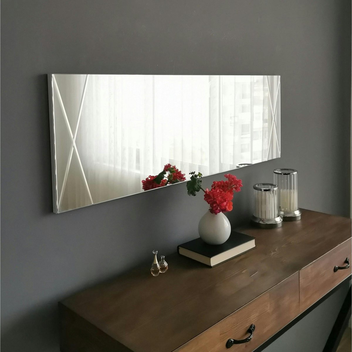 Miroir rectangulaire mural avec décor croisé 105 cm CODY argenté, PIER IMPORT