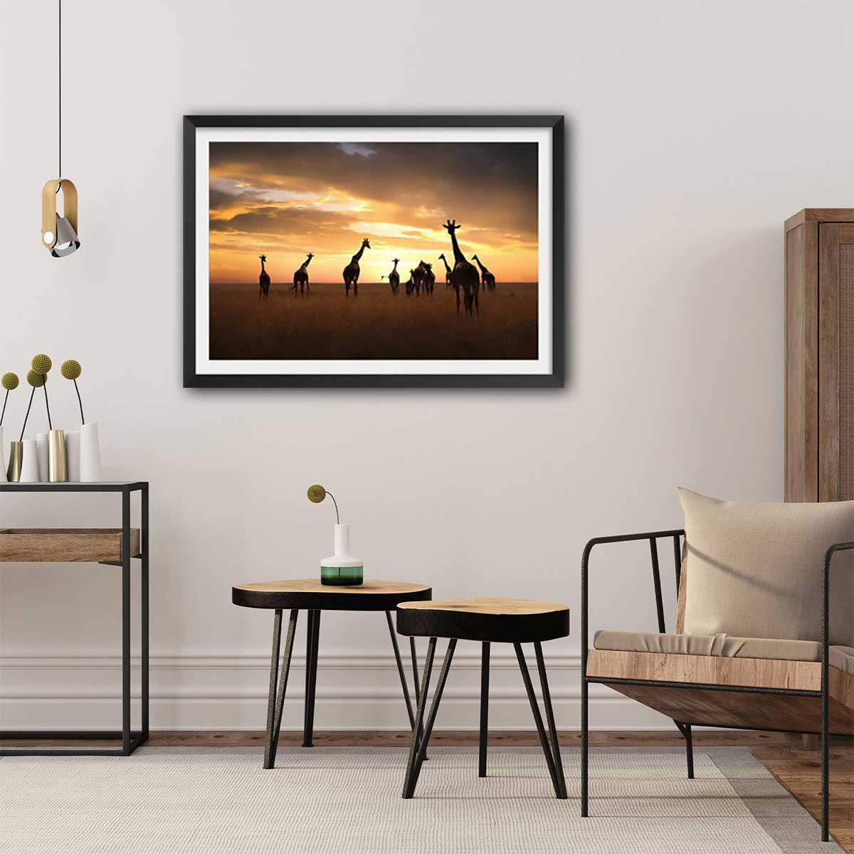 Affiche animaux girafes family affiche + cadre en bois - noir, HEXOA