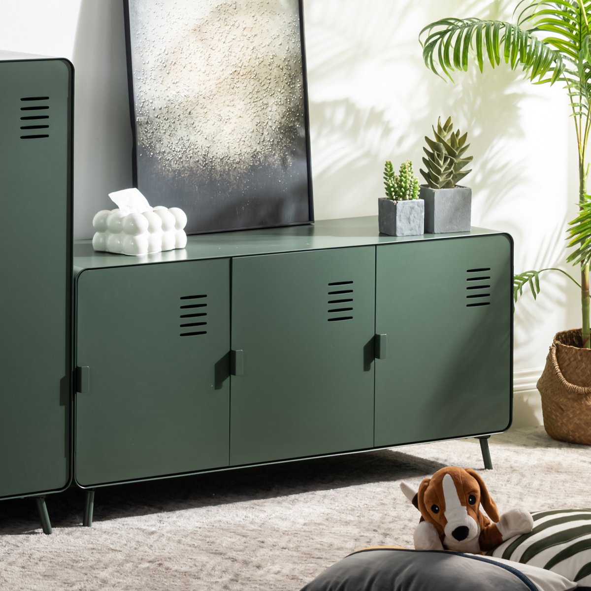 Armoire de rangement avec 3 portes et 2 couches en métal industriel, WALNUTCABINET vert foncé, MEUBLES COSY