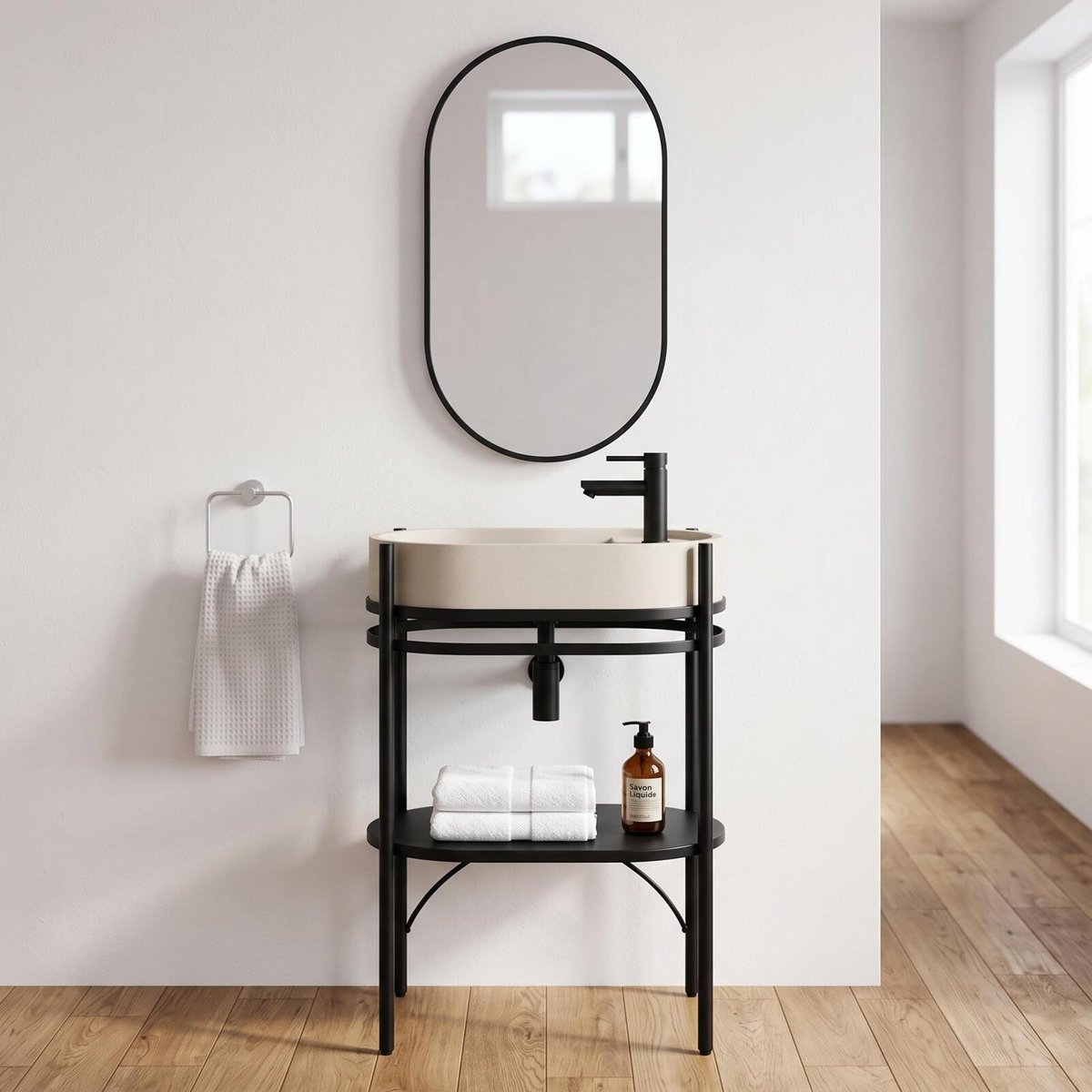 Meuble simple vasque sur pieds 55cm en métal noir et vasque béton et robinet noir et miroir beige, MOB IN