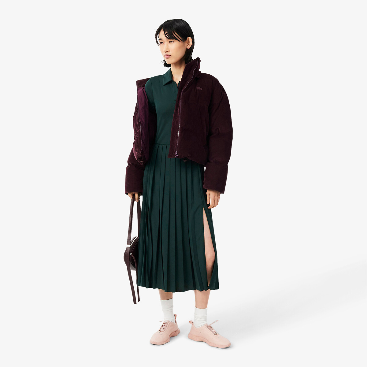 Robe midi à manches courtes, jupe plissée vert foncé, LACOSTE