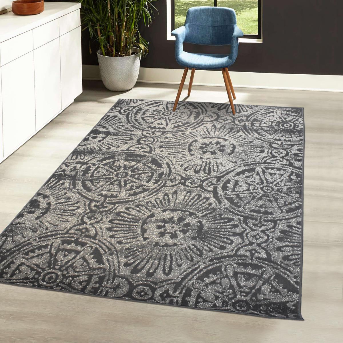 Tapis salon et chambre tissé motif rétro-vintage LYN1 TRANBY gris, beige, UN AMOUR DE TAPIS