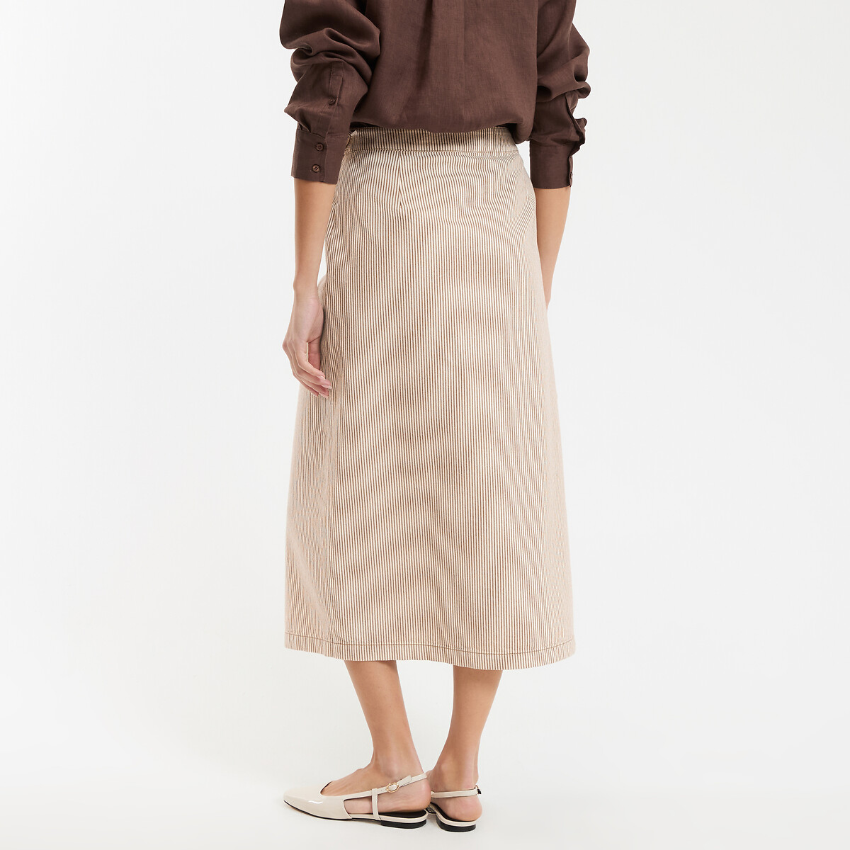 Jupe droite portefeuille à rayures midi rayé écru/marron, LA REDOUTE COLLECTIONS