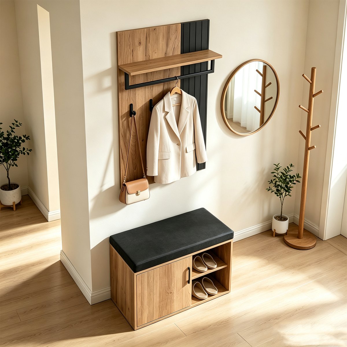 Vestiaire d'entrée avec banc et rangement, PORTERAA noir, MEUBLES COSY