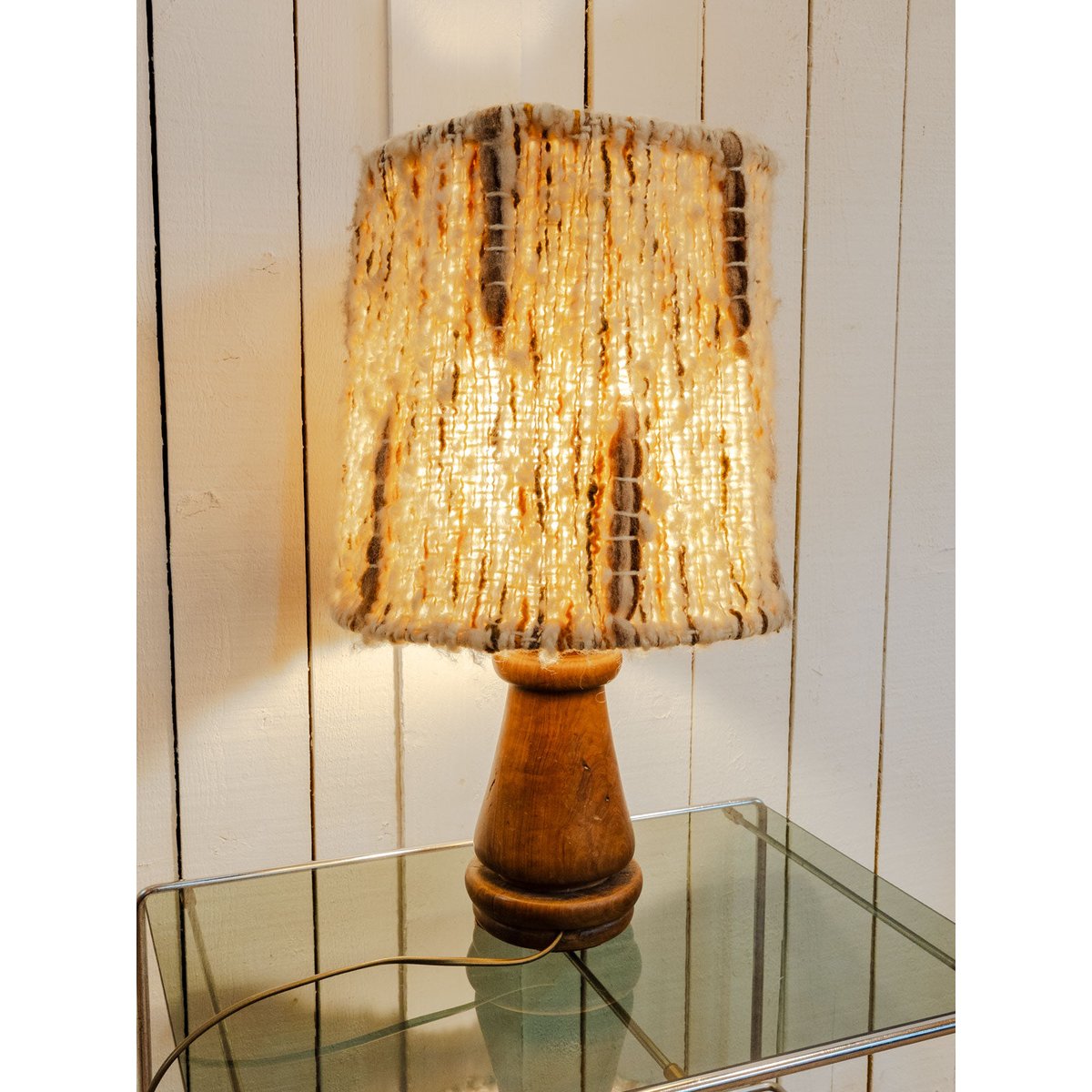 Lampe à poser en bois et laine Julia N°1131 - Bon état bois foncé, DEBONGOUT