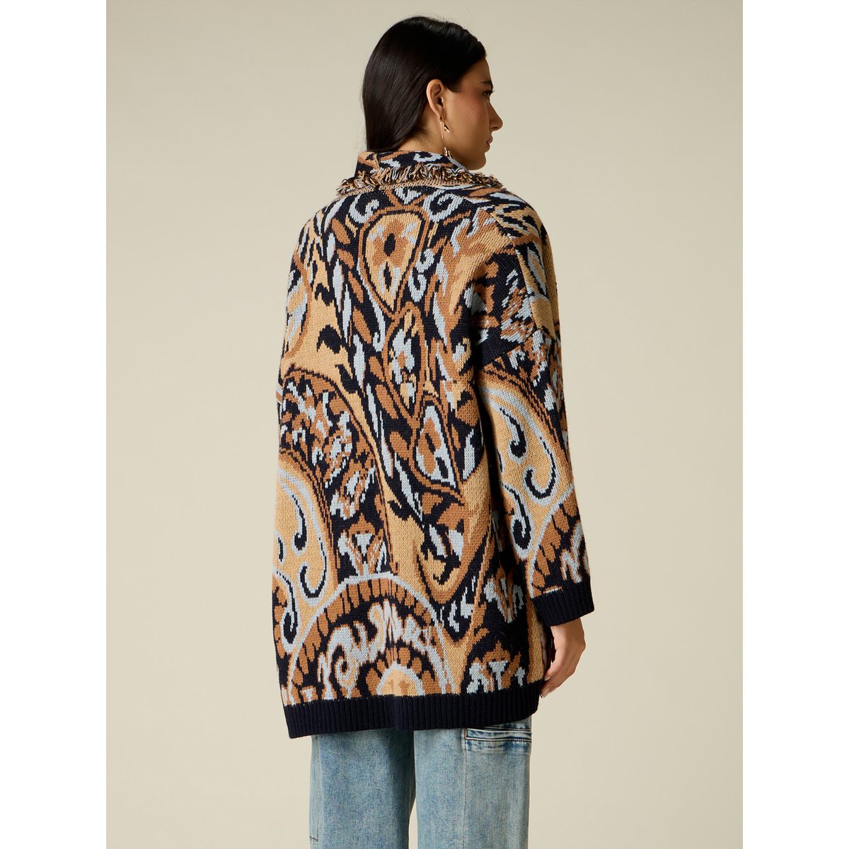 Cardigan long avec franges et cristaux beige, OLTRE