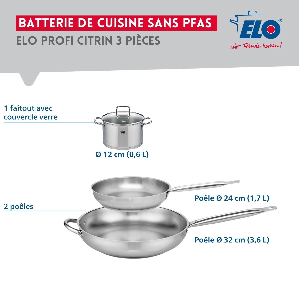 Batterie 2 poêles 24/32cm + 1 faitout 12cm PROFI CITRIN gris, ELO