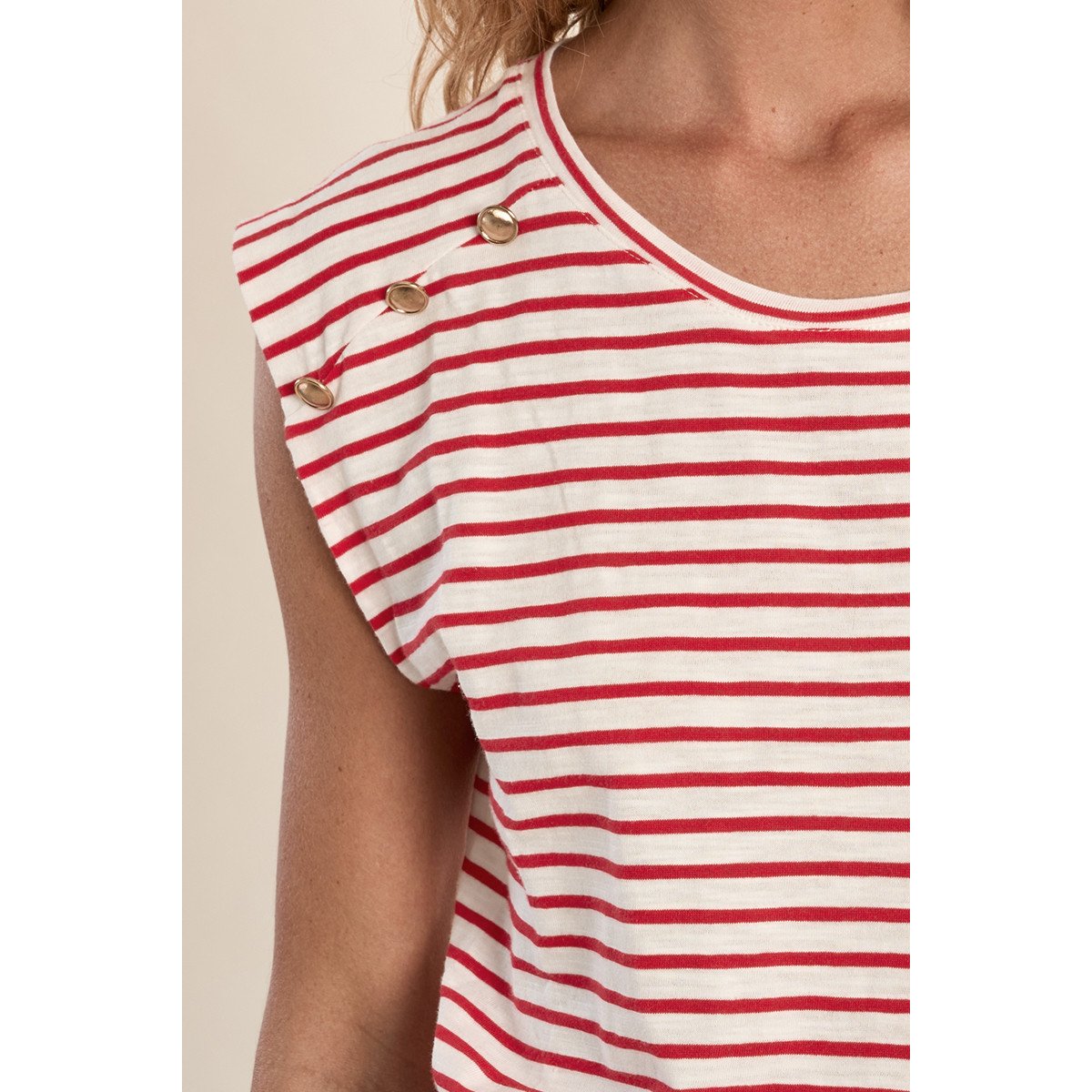T-shirt marinière en coton avec boutons dorés rouge, MOLLY BRACKEN