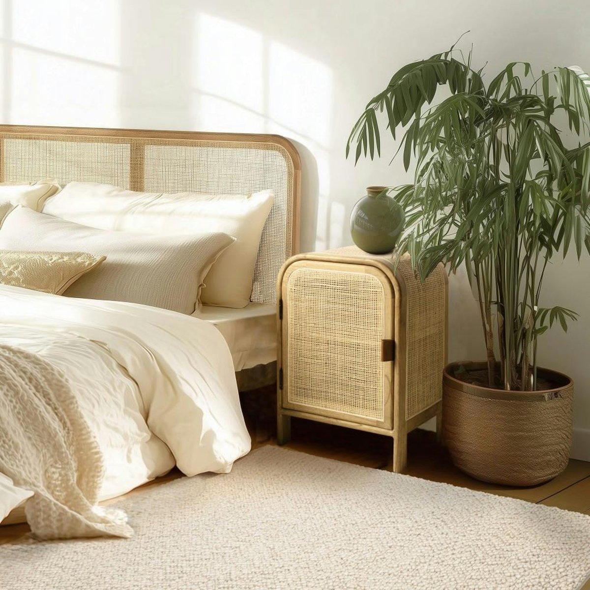 Chevet forme arrondie mindi et rotin naturel 1 porte 1 étagère TIVARO bois naturel, PIER IMPORT