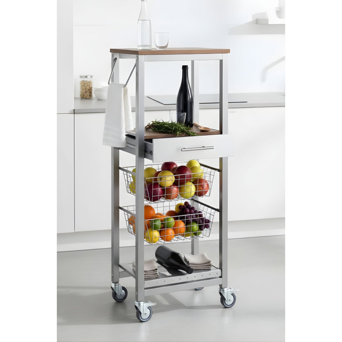 Chariot de cuisine haut ONDA ALUMINIUM, Meuble de rangement multifonction avec paniers, tiroir et porte-bouteilles cerisier le gard, DON HIERRO