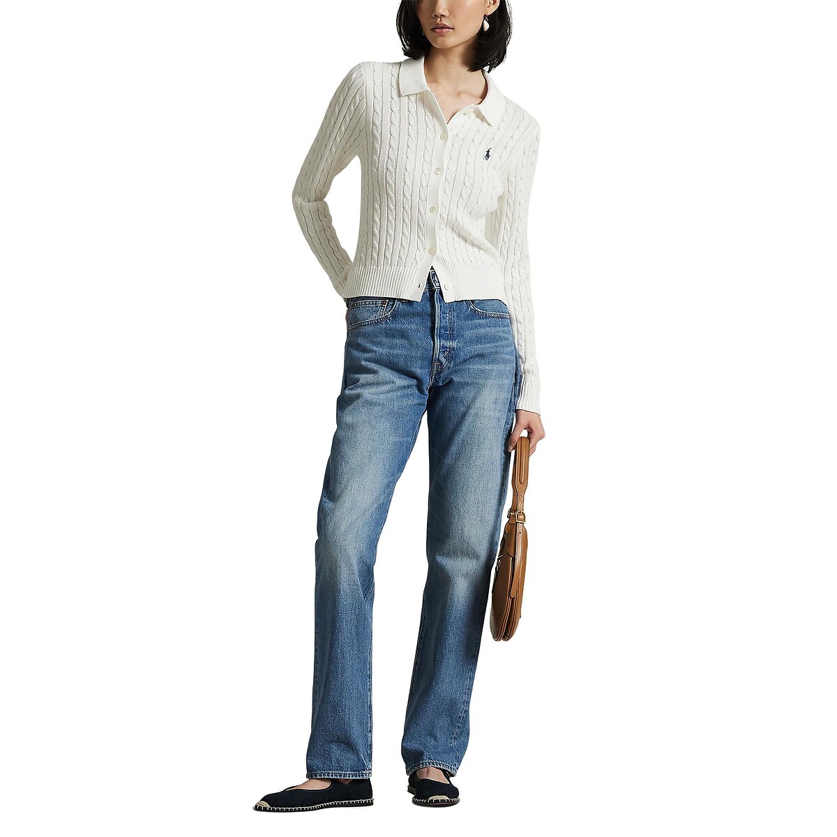 Cardigan à col polo et à manches longues, en maille torsadée blanc, POLO RALPH LAUREN