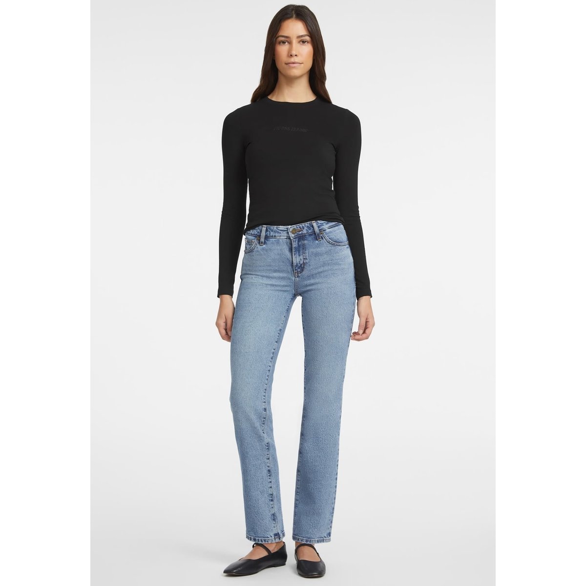T-Shirt Slim Manches Longues Brodé noir, GUESS