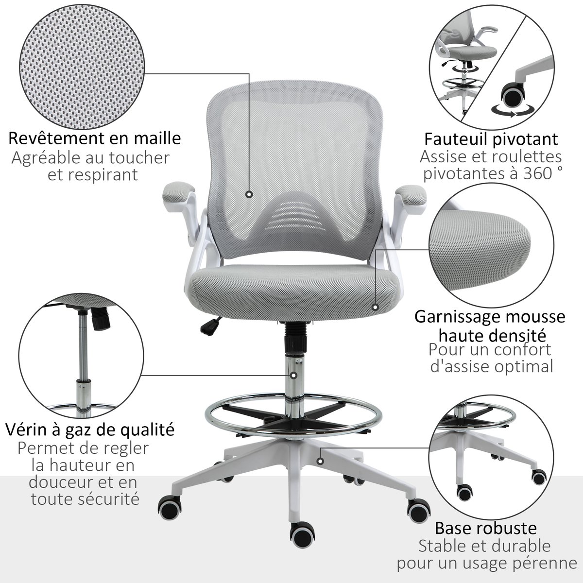 Chaise de bureau pour poste de travail debout gris et blanc, HOMCOM