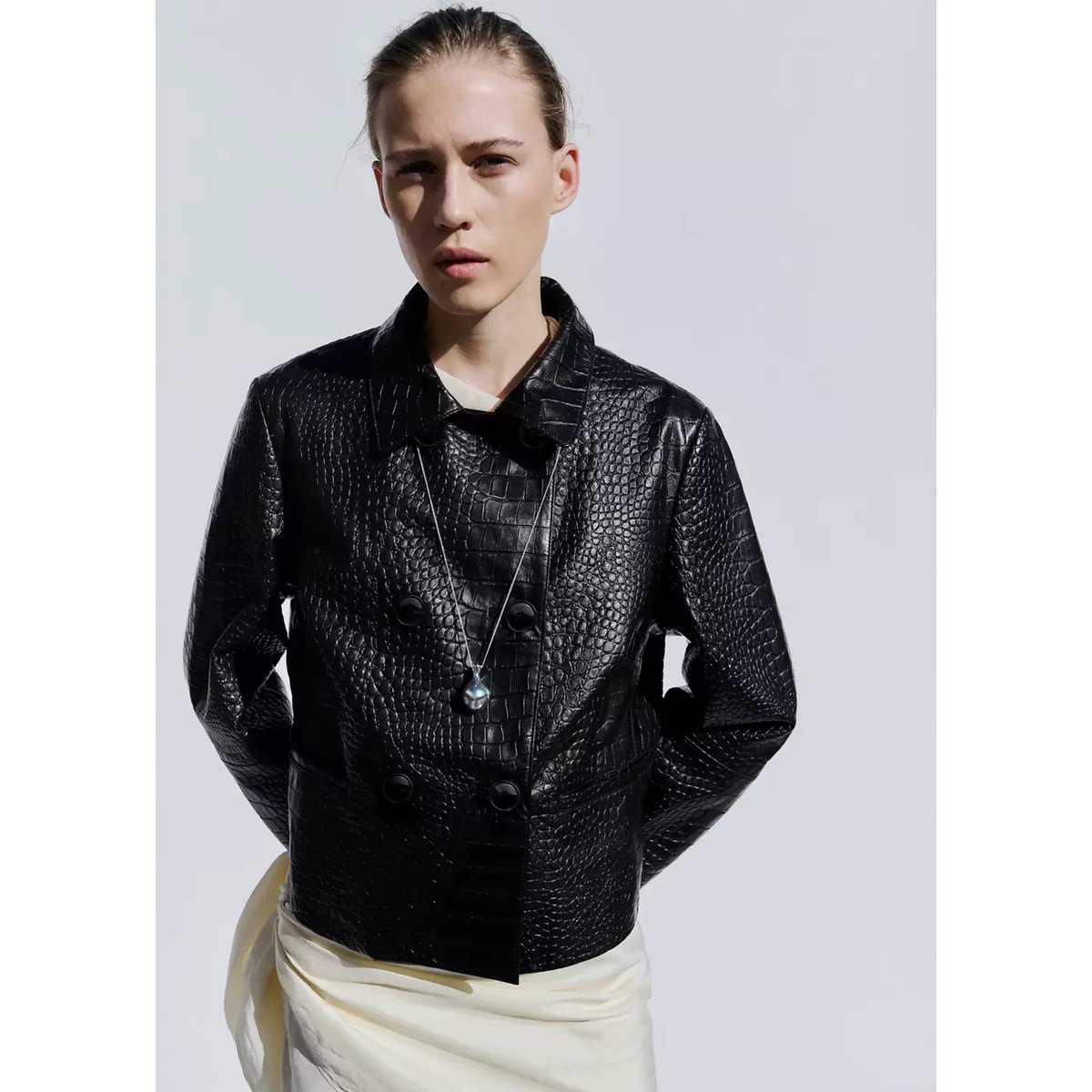 Veste cuir double boutonnage noir, MANGO