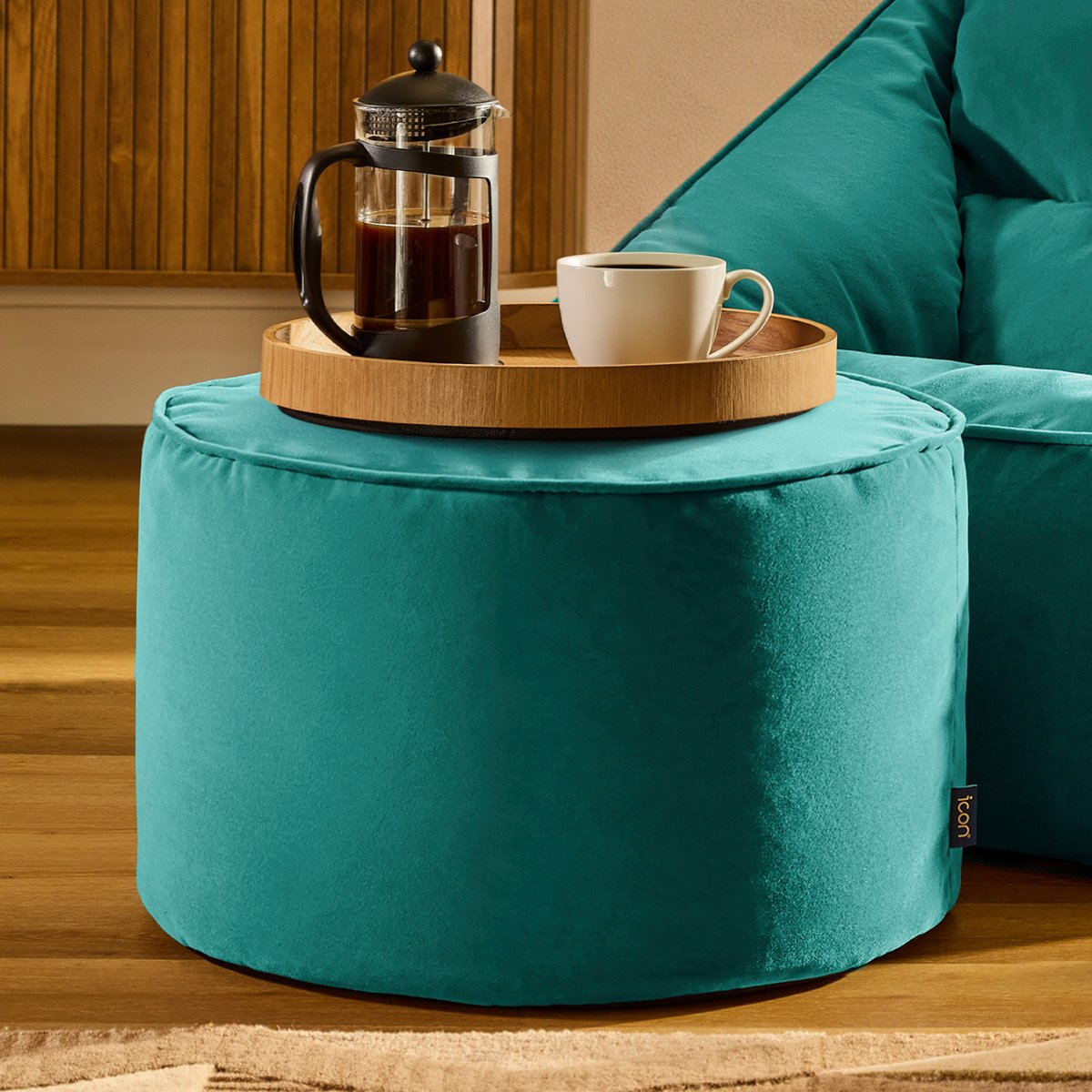 Pouf fauteuil salon et son repose-pied rond en velours mat Oeko-Tex® - NATALIA bleu canard, ICON
