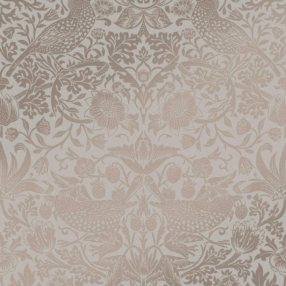 Papier peint Fleurs de fraisier et oiseaux en relief doux beige métallisé, WILLIAM MORRIS AT HOME
