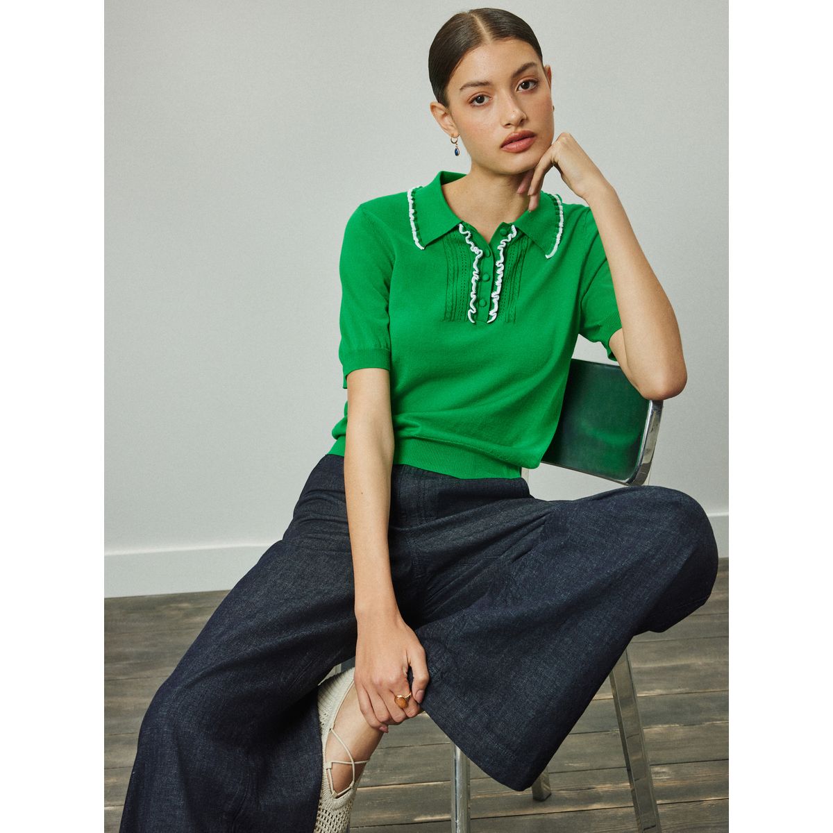 Polo doux en coton manches courtes et volants vert, NEXT